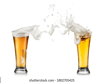 Two Lager Beer Glasses Foam Splash