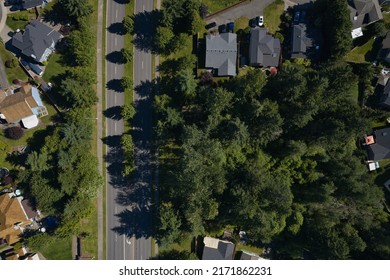 A Two Lane Street And Sidewalk In A Residential Community Covered In A Landscape Of Trees And Grass Seen From Above.