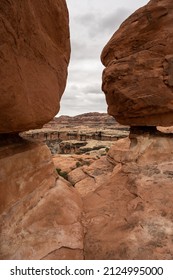 Two Large Boulders Wtih Gap Between Them on a hiking trail in Canyonlands National Park