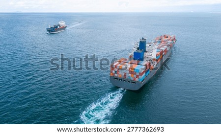 two large container ships passing each other in the open ocean. Concept of global maritime logistics, international trade network, and busy shipping routes.