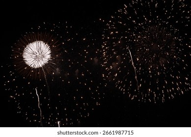 Two large fireworks explode in the night sky one white and one golden with many small sparks.