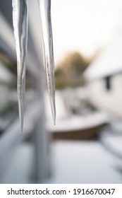 Two large icicles hanging down. A snow covered out building and garden can be seen in soft focus in the background