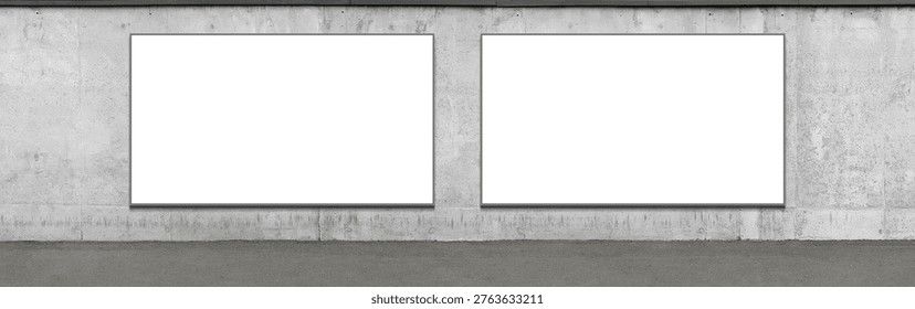 Two large rectangular horizontal white advertising billboards are placed on the facade of a concrete fence, designed for creative use. Presentation space. Advertising space.