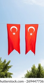 Two large, vertical Turkish flags hang side-by-side from a wire against a bright blue sky, partially framed by the green foliage of trees below.