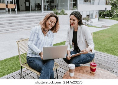 Two Latin Business Woman Middle Age Working With Computer At The Office In Mexico Latin America	