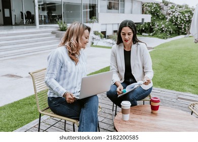 Two Latin Business Woman Middle Age Working With Computer At The Office In Mexico Latin America	