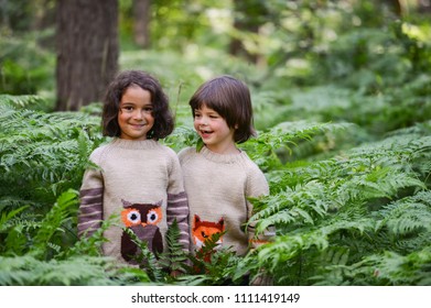 Two Laughing Boys In Matching Sweaters Stand In A Fern In The Forest.