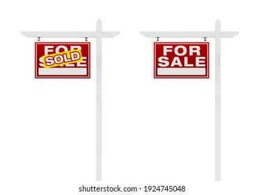Two Left Facing Sold and For Sale Real Estate Signs With Clipping Paths Isolated on White Background.