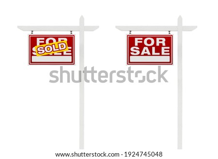Two Left Facing Sold and For Sale Real Estate Signs With Clipping Paths Isolated on White Background.