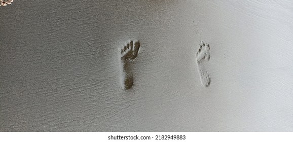 Two Left Footprints Belonging To Two Different People On The Wet Beach Sand. 