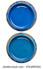 Two Lid Can Of Blue Paint Top View Isolated On White Background