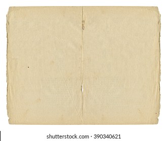 Two Light Open Paper Blank Pages With Old Spots And Torn Edges Isolated On White Background. Vintage Book Texture. 