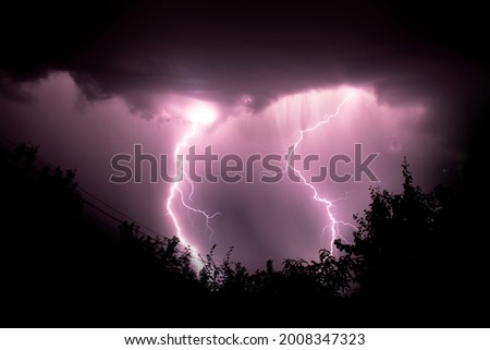 two lightening strikes during a storm, long exposure photo 