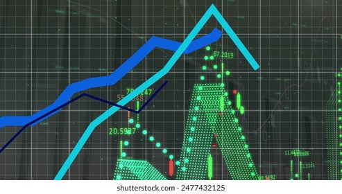 Two lines on graph showing upward trend, reaching peak then declining. Screen displaying various numbers and data points in green