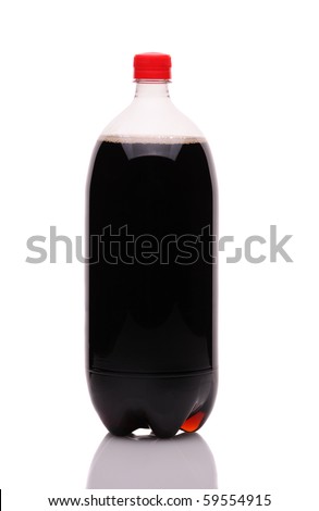 Two liter soda bottle isolated on white background with reflection