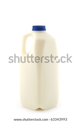 A two litre plastic bottle of skim milk, on white background, in vertical format