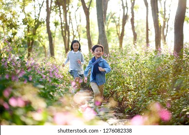 Two Little Asian Children Boy And Girl Running Through Field Of Flowers In Park.