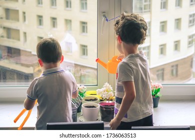 Two Little Children Planting And Watering Seeds In The Pot On Windowsill Indoors. Home Gardening, Lockdown Hobbies And Fun.