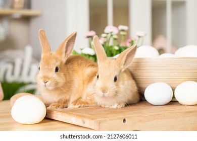Two little Easter red rabbits are sitting cheerfully on the kitchen table near a basket with daisy flowers and Easter eggs. Against the backdrop of a home kitchen interior with sunlight
