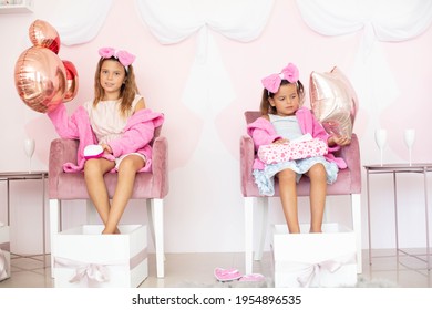 Two Little Girls Having Party In Spa Center. Day For Pedicure.