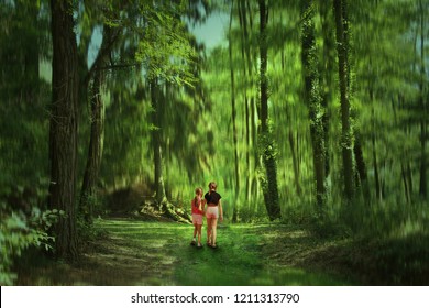 Two little girls lost in a mysterious forest - Shutterstock ID 1211313790