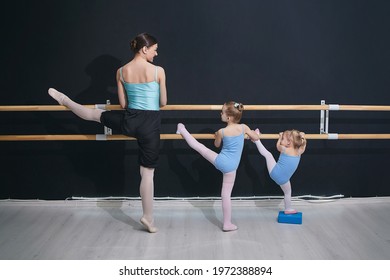 two little girls repeat the exercises after the teacher on the barre. classes at the choreographic school.