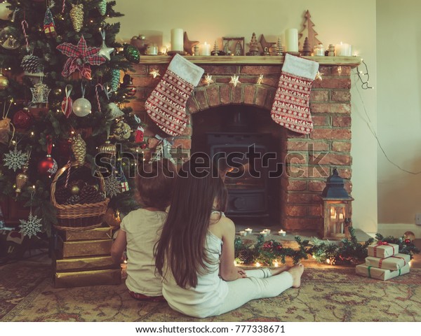 Two Little Girls Sitting Front Decorated Stock Photo Edit Now
