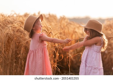 Two Little Girls In Straw Hats And Pink Dresses Are Having Fun In Wheat Field. Girlfriends Tickle Each Other's Nose With Spikelets Of Rye. Sister In Yellow Rubber Boots, The Other Barefoot In The Mud