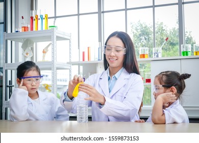 Two Little Girls Study Science With A Beautiful Teacher In The Classroom.