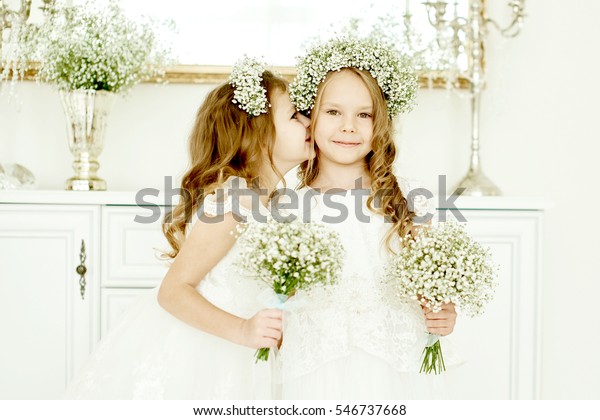 Two Little Girls Wedding Dresses Standing Stock Photo Edit Now