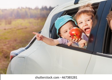 Two little passengers having fun travelling by car