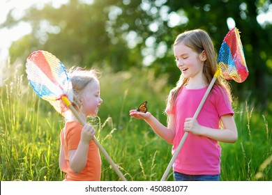 Two little sisters catching butterflies and bugs with their scoop-nets on beautiful sunny summer day
