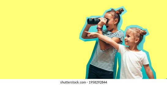 Two little sisters looks through binoculars to the side. Collage in magazine style. Flyer with trendy colors, copyspace for ad. Discount, sale, season sales. Modern design, creative artwork