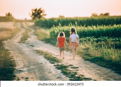 Two little sisters walking in a meadow on beautiful sunny day