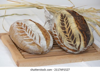 Two loafs of home baked  mixed wheat bread with wheat and spelt flour and sunflower seeds. Loaf of dark bread and loaf of white bread on wooden board with baking basket and wheat ears in background.