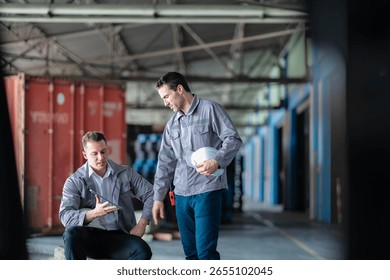 Two logistics managers coordinating real-time shipping data in a large warehouse. Suitable for enterprise logistics and digital supply chain technology.