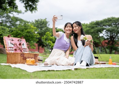 Two lovely young Asian women take a selfie with a smartphone while picnicking together in a park, enjoying outdoor activity on the summer. - Powered by Shutterstock