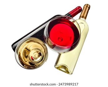 Two lying down full bottles and two glasses red and white wine, top view