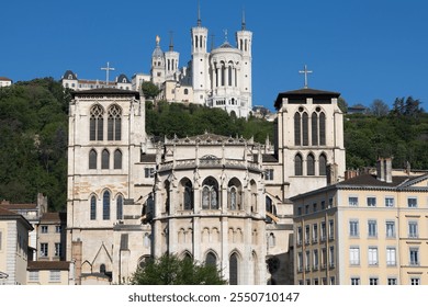 Two main monuments of Lyon: the primatial Saint-Jean-Baptiste-et-Saint-Étienne also known, more simply, as the Saint-Jean cathedral and the basilica of Fourvière
