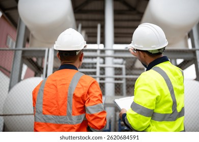Two maintenance engineers are inspecting a large gas tank