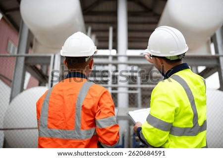 Two maintenance engineers are inspecting a large gas tank