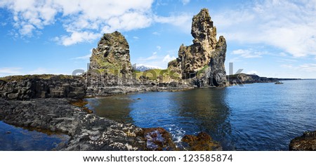 Two major basalt formations at Londrangar allow framing glacier Snaefellsjokull between the columns. Snaefellsness peninsula, Icelnad