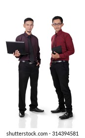 Two Male Asian Office Workers Standing With Confident Pose, Full Body Shot, Isolated On White Background