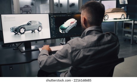 Two Male Automotive Designers Working On Model Of Eco Friendly Electric Car In Modern Car Design Studio. One Working In 3D Modeling Computer Software, Other Sculpting With Plasticine Clay And Rake.