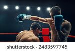 Two Male Boxers in an Electrifying Match, One Delivering Powerful Punch Under Bright Lights. Intensity and Raw Energy of the Fight Are Captured, With Sweat Flying Off Their Bodies. Boxing Championship