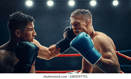 Two Male Boxers Exchange Powerful Punches in an Intense Match Under Bright Lights, Raw Strength and Fierce Competition in the Ring. Sweat and Determination in High-energy Sport. Boxing Championship - Powered by Shutterstock