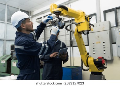 Two male engineer maintenance automatic robotic arm in workroom of building. Group of male technician checking and inspecting quality of automatic robot arm by tablet