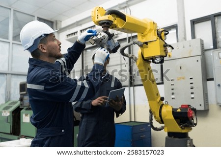 Two male engineer maintenance automatic robotic arm in workroom of building. Group of male technician checking and inspecting quality of automatic robot arm by tablet
