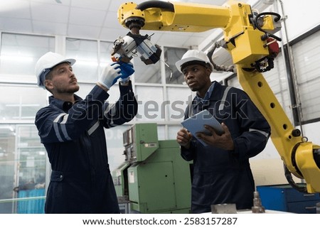 Two male engineer maintenance automatic robotic arm in workroom of building. Group of male technician checking and inspecting quality of automatic robot arm by tablet