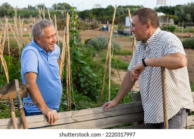 Two Male Farmers Friendly Talking Outside Next To Wooden Fence On Background With Farm